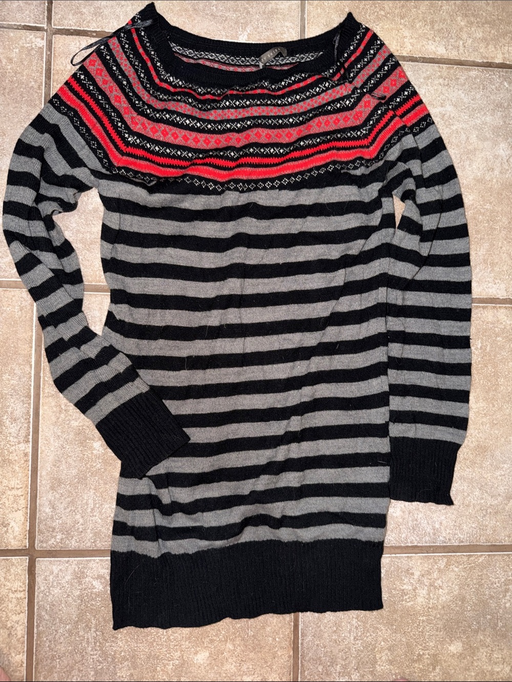 Suzy Shier Black & Gray Striped Sweater with Red Patterned Yoke